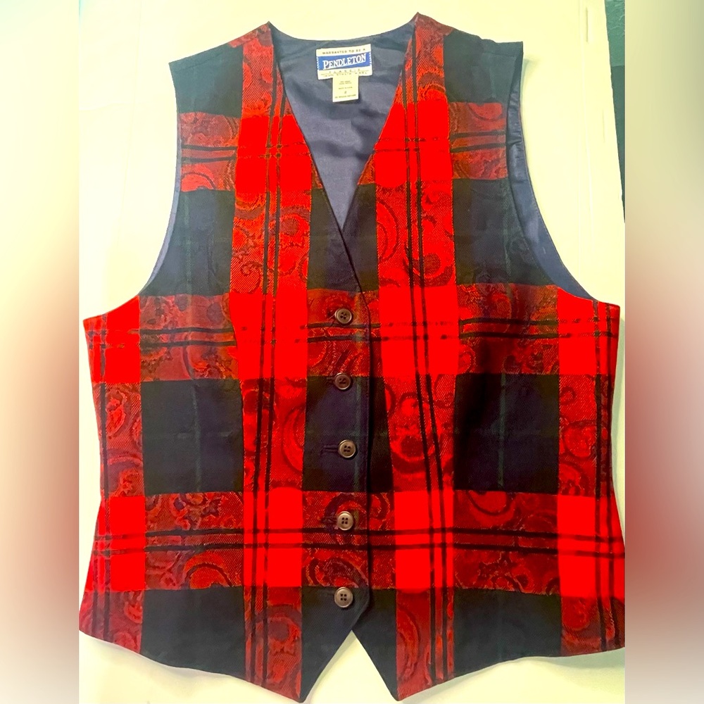Vintage '90s Pendleton Petite 100% Wool Plaid and Paisley Vest Red Blue Size 8